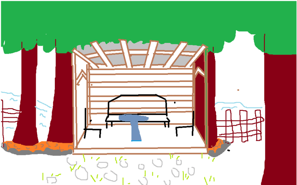Concept drawing of trees, gazebo and seats.