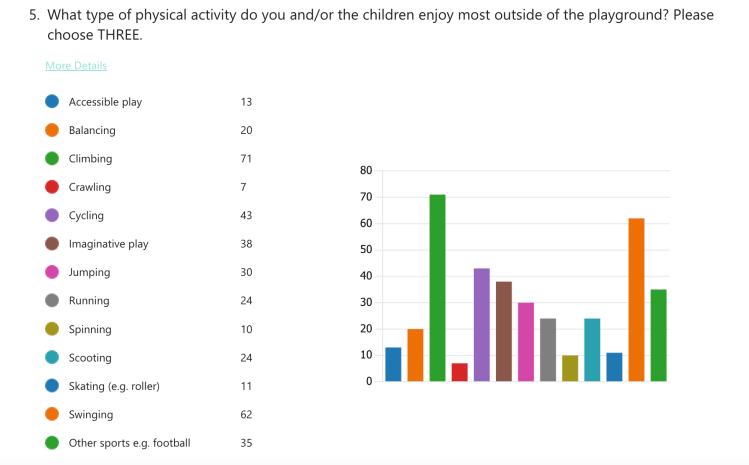 Bar chart depicting responses of what activities adults and children enjoy most outside of Skibbereen playground.